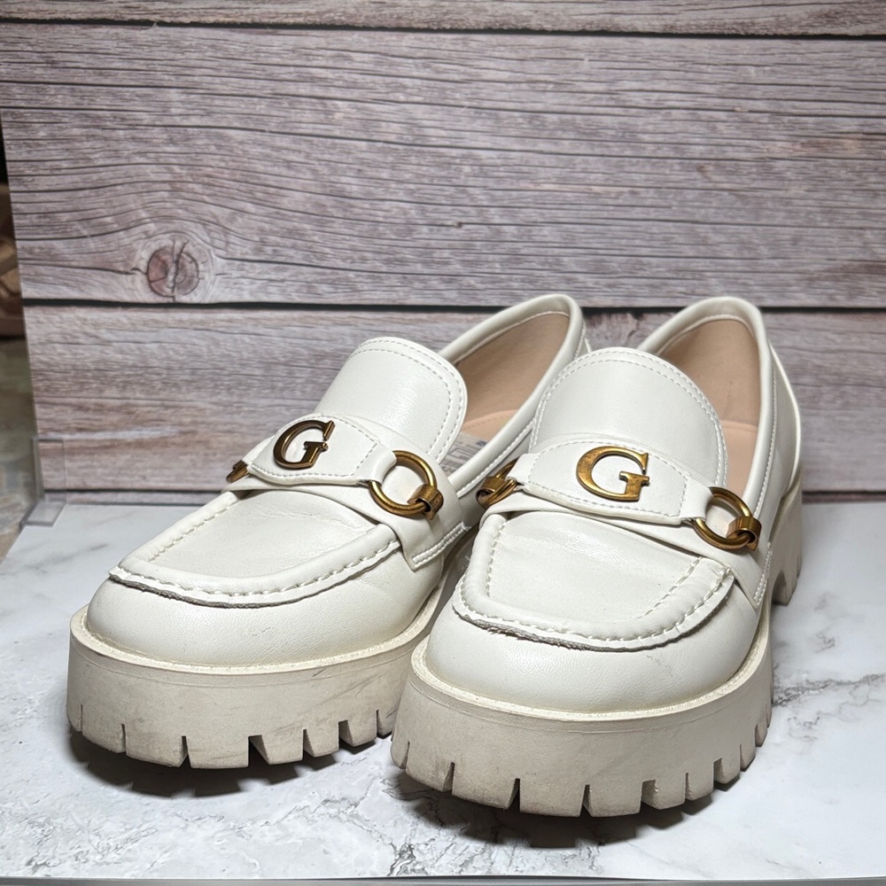 Women'sGUESS White Loafers with Gold Accent